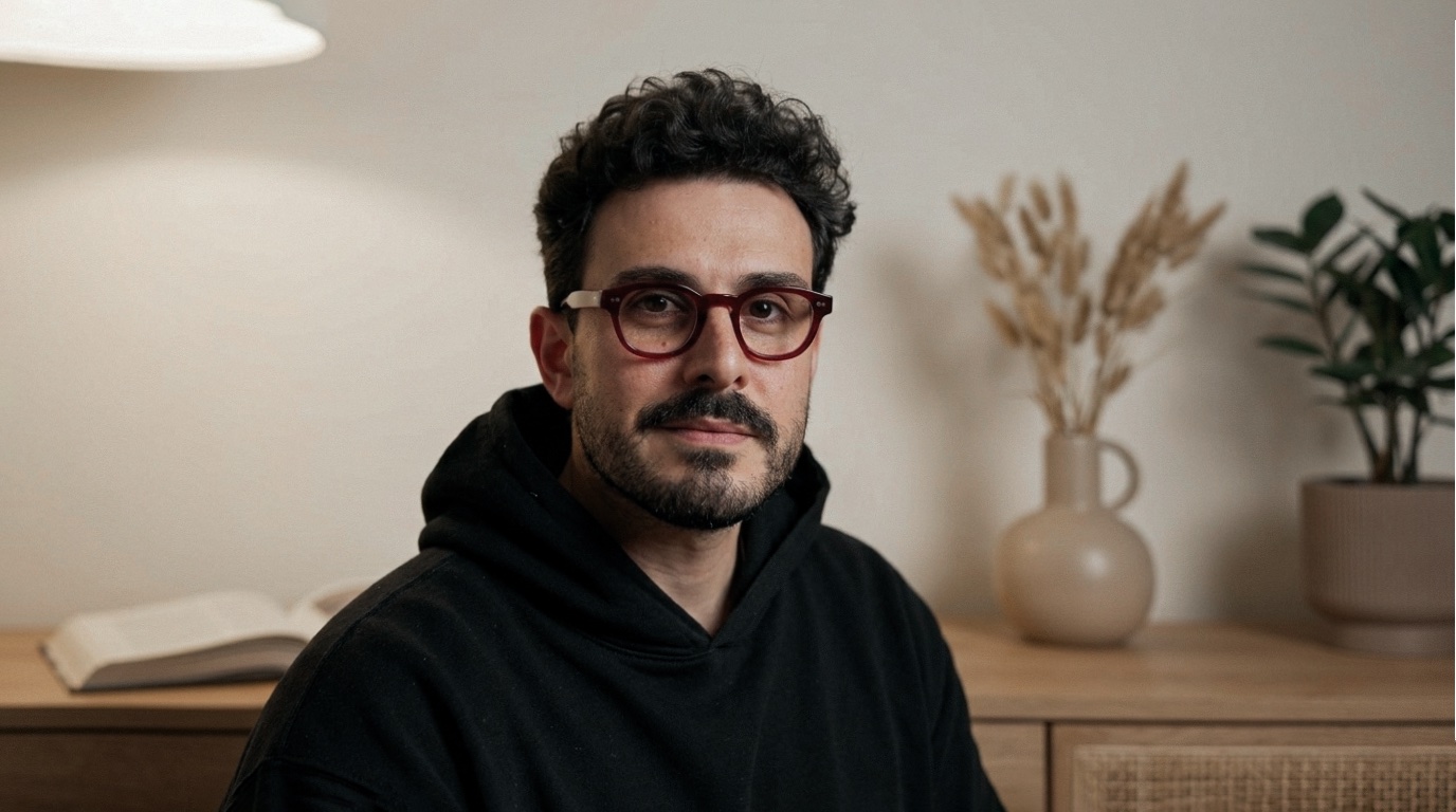 Nicolas Baldini, in felpa nera e occhiali rossi, nel suo studio